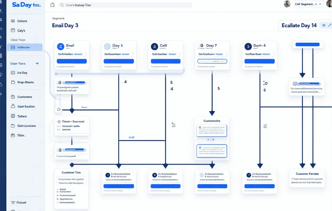 Cashvyne dunning sequence builder showing different automated outreach paths for different customer payment behavior segments